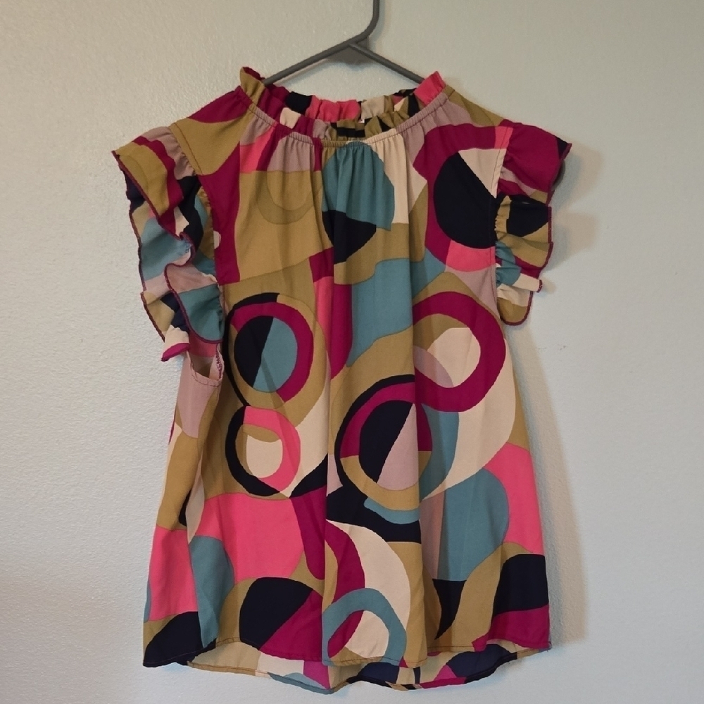 Ces Femme Geometric Print Ruffle Cap Sleeve Tank Size Medium